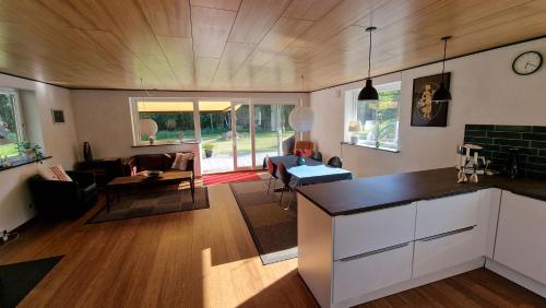 uma sala de estar em plano aberto com uma cozinha e uma sala de estar em Hummingenstrand38 em Dannemare