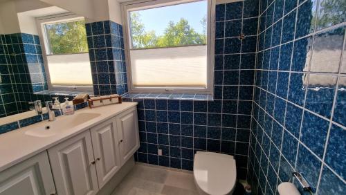 uma casa de banho em azulejos azuis com um WC e um lavatório em Hummingenstrand38 em Dannemare