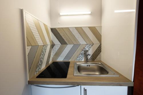 - une cuisine avec évier dans une petite pièce dans l'établissement Charmant Studio bohème en centre ville, à Saint-Brieuc