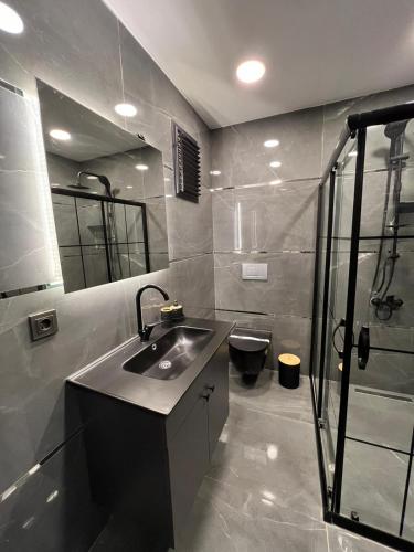 ein Bad mit einem Waschbecken, einer Dusche und einem WC in der Unterkunft İstanbul Nişantasi Vip Residance in Istanbul