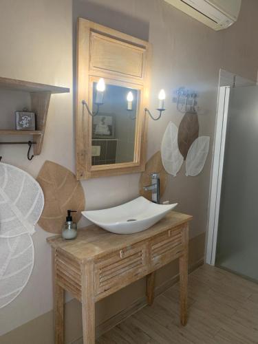 a bathroom with a sink and a mirror at Château Sainte Colombe in Saint-Geniès-des-Mourgues