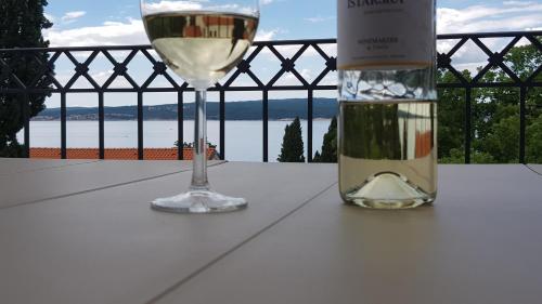 - un verre de vin blanc à côté d'une bouteille de vin dans l'établissement Apartman Nagy, à Dramalj
