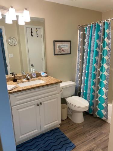 a bathroom with a sink and a toilet and a mirror at Shoalwater 704 in Orange Beach