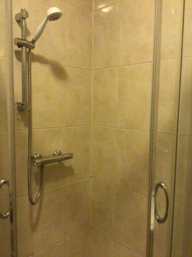 a shower in a bathroom with a glass door at Mary's in Selby