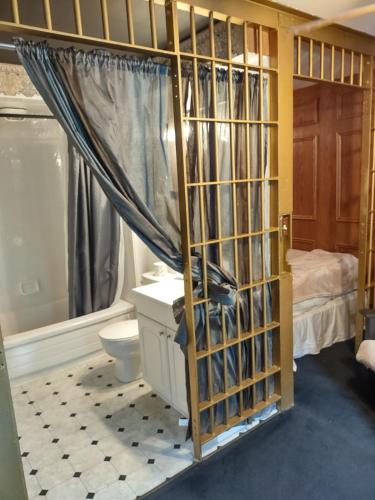 a bathroom with a shower and a toilet and a sink at The King George Inn in Cobourg