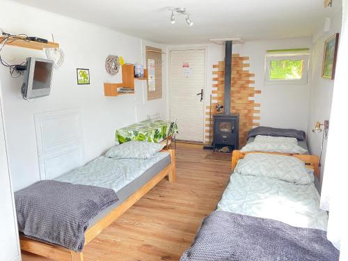 a room with two beds and a tv in it at Bieszczady Smolnik Cottage 2 in Smolnik