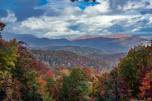 a view of the fall foliage in the smoky mountains at 2 Miles from Dollywood Family Resort with Seasonal Outdoor Swimming Pool, Year around Heated Indoor Swimming Pool, Townhome Style Cabin, Private Hot Tub, Arcade, TV, Wifi, Kitchen with Refrigerator, Washer and Dryer in Pigeon Forge