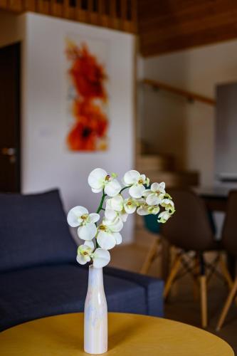 a white vase with white flowers on a table at Körös-parti Terasz Vendégház in Békésszentandrás