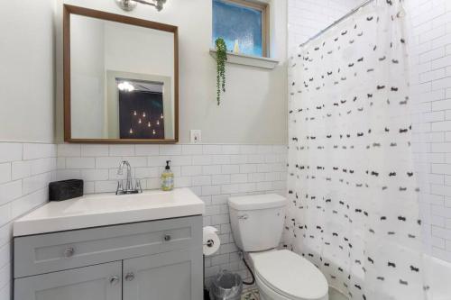 a bathroom with a toilet and a sink and a mirror at Bishop Arts Getaway! Fenced Yard, King Bed + More in Dallas