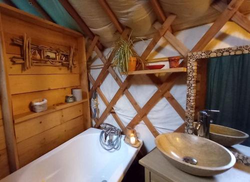 a bathroom with a sink and a bath tub at Yourte Immersion Nature in Saint-Étienne-de-Chomeil