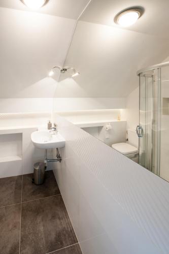 a white bathroom with a sink and a toilet at Rezerwat85 in Gdańsk