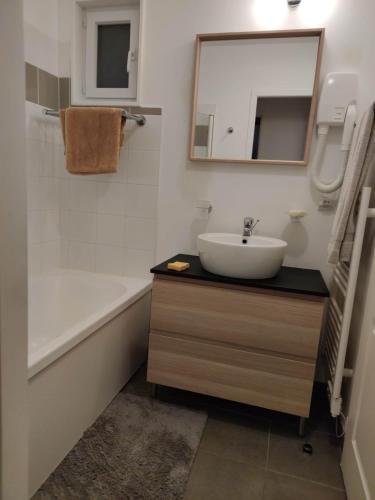 une salle de bain avec un lavabo, une baignoire et un miroir dans l'établissement Chalet rénové, environnement très calme, piscines intérieure et extérieure chauffées, Bord du lac de Biscarosse Parentis, à Parentis-en-Born