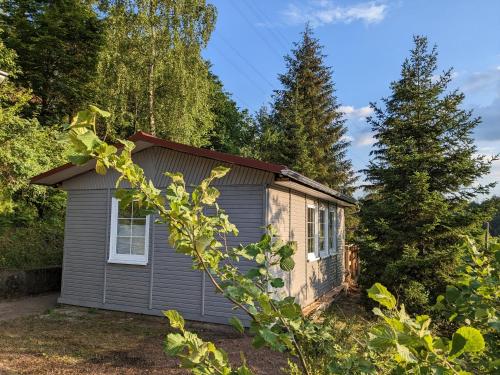 a small house in the middle of some trees at Ruhiges Ferienhaus mit Sauna: Hellaberg III in Langenbach