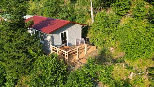 an aerial view of a house with a red roof at Ruhiges Ferienhaus mit Sauna: Hellaberg III in Langenbach