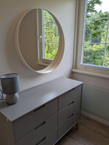 a dressing room with a mirror and a dresser at Ruhiges Ferienhaus mit Sauna: Hellaberg III in Langenbach