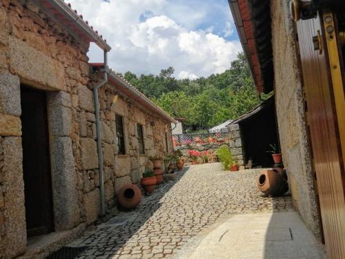 an alley in an old stone building with potted plants at Quinta Do Quetrofe in Guarda