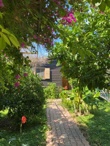 a garden path leading to a house with pink flowers at Lemon Garden Lodge in Cıralı
