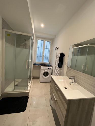 een badkamer met een wastafel en een wasmachine bij Bel appartement Voiron centre in Voiron