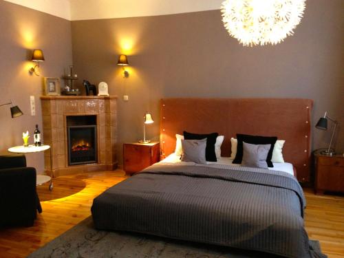 a bedroom with a bed and a fireplace and a chandelier at Ferienwohnung am Gärtnermuseum in Bamberg