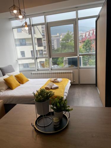 - une chambre avec un lit et une table ornée de plantes dans l'établissement Kamche apartment, à Skopje