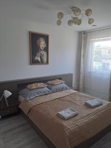 a bedroom with a large bed with two pillows on it at Apartament Roztocze in Zamość