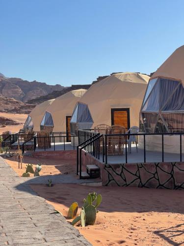 a row of luxury tents in the desert at Moon Magic Valley in Wadi Rum