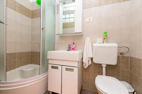 a bathroom with a toilet and a sink and a shower at Apartments Djani in Mimice