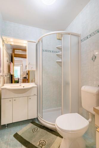 a bathroom with a shower and a toilet and a sink at Kovacine apartment in Cres