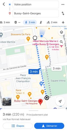 une capture d'écran d'une page Google Maps avec une voiture dessus dans l'établissement Jolie chambre 3minutes de la Gare RER A, à Bussy-Saint-Georges
