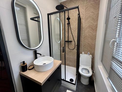 une salle de bain avec toilettes, lavabo et douche dans l'établissement Le Saint-André, Gare de Rouen, à Rouen