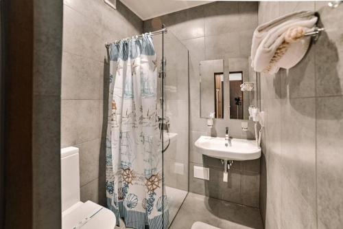a bathroom with a shower and a toilet and a sink at Park Hotel Switzerland in Obariv
