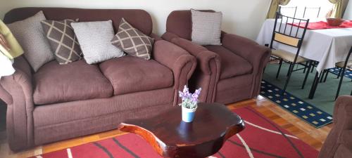 a living room with two brown couches and a table at Cabañas Lago Azul in Puerto Varas