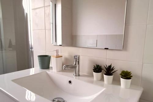 een witte wastafel in een badkamer met potplanten bij Mouraria Lisbon Soul Apartments T2 - 5pax in Lissabon