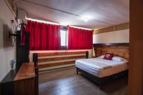 ein Schlafzimmer mit einem Bett und einem roten Vorhang in der Unterkunft Casa Bonita Hotel y Hostal in Córdoba