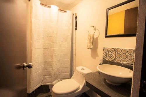 a bathroom with a toilet and a sink and a shower at Casa Bonita Hotel y Hostal in Córdoba