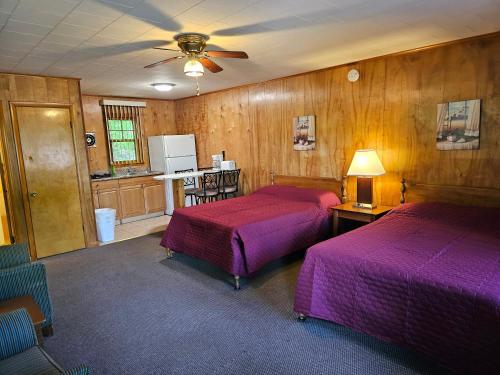 a bedroom with two beds and a ceiling fan at The Gold Eagle in Lake George