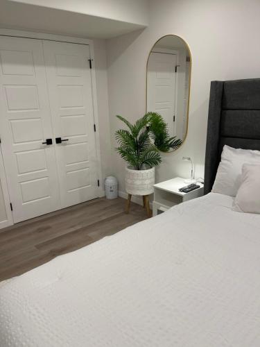 a bedroom with a bed and a mirror and a plant at Grande Villa in Calgary