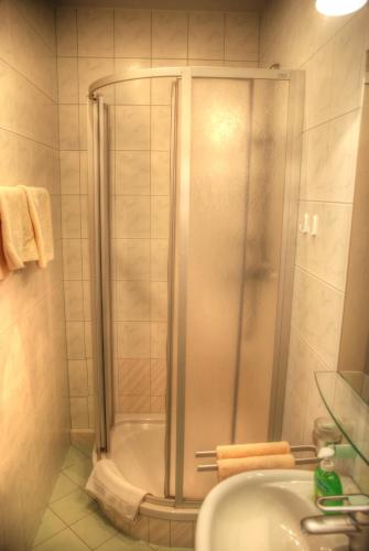 a bathroom with a shower and a sink at Pension & Café Abendröte in Kurort Oybin