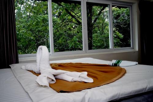 PīrmedにあるSTREAMVIEWS@panの窓の前にタオルが付いたベッド