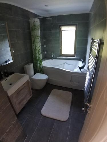 a bathroom with a tub and a toilet and a sink at Turkish Mountain Retreat in Saadet