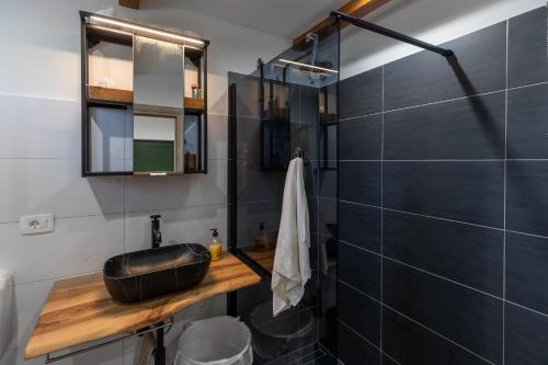een badkamer met een wastafel en een spiegel bij Green house in Dograde