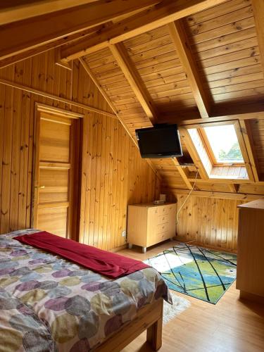 a bedroom with a bed and a tv in a room at Mazury na Śląsku - Dom Wakacyjny z basenem in Boguchwałowice