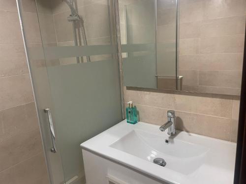 a bathroom with a white sink and a shower at BegoÑa Suite in Gijón