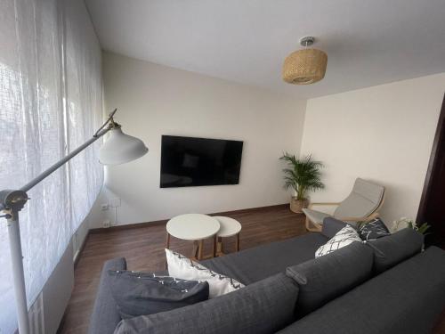 a living room with a couch and a tv at BegoÑa Suite in Gijón