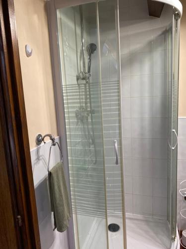 une douche avec une porte vitrée dans une salle de bain dans l'établissement Red Gate Cottage, à Saulgond