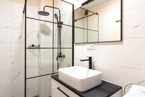 bagno con lavandino e doccia in vetro di Vysoká Apartman EMF/STP a Bratislava