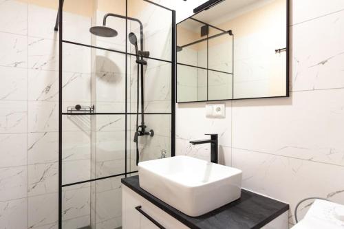 a bathroom with a sink and a glass shower at Vysoká Apartman EMF/STP in Bratislava