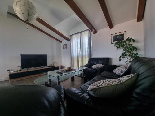 a living room with a black leather couch and a tv at Apartments Faust in Prvić Šepurine