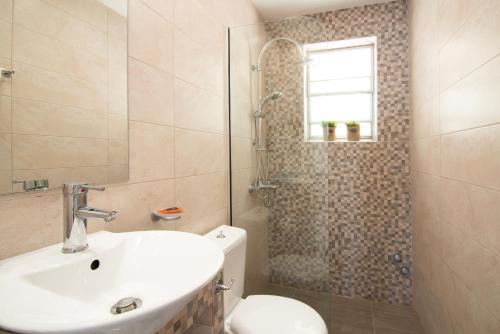 a bathroom with a toilet and a sink and a shower at Nafsika Villas in Kerveli