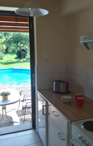 a kitchen with a table and a view of a pool at Gartenblick in Brotterode-Trusetal